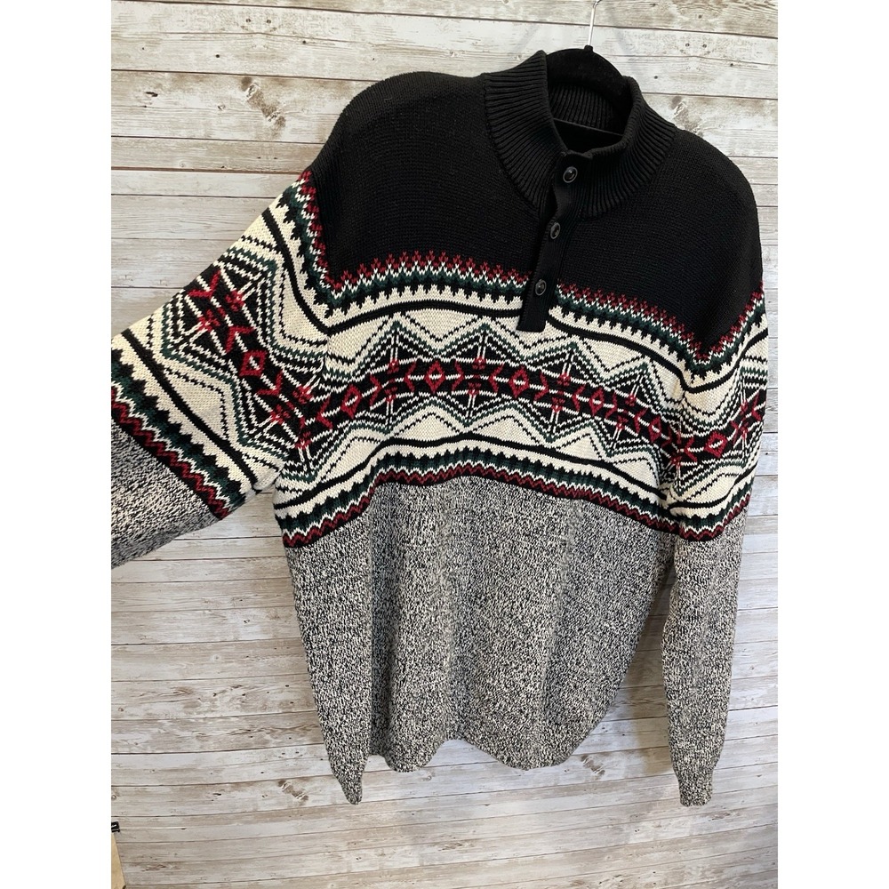 Chaps Ralph Lauren Mens XXL Sweater Fair Isle Nordic Gray Mock Neck 3 Button - Picture 3 of 14